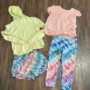 Athleta Kids Tie-Dye Leggings & Shorts with Yellow Hoodie and Peach Tee